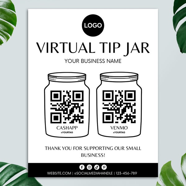 Editable Virtual Tip Jar Template, DIY QR Code Sign, Editable Tips Accepted Sign, Canva Template, Printable Small Business Sign