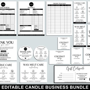 Editable Candle Business Bundle, Printable Care Instructions Card, Thank You Card, Candle Labels Template, Order Form, Canva Template