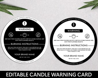 Candle Warning Card, Editable Canva Template, Printable, Care Instructions Sticker, Small Business Packaging, DIY Candle Safety Label