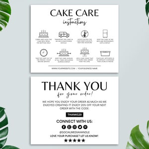 ケーキのお手入れカード テンプレート、印刷可能なケーキのお手入れガイド、編集可能なウェディング ケーキのお手入れカード、Canva テンプレート、パッケージ挿入物