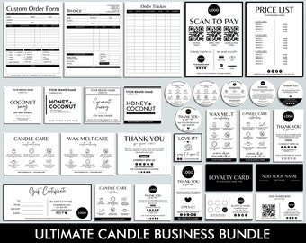 Editable Candle Business Bundle, Care Instructions, Thank You Card, Candle Label, Wax Melt, Canva Template, Invoice, Order Form, Price List