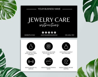 Tarjeta editable para el cuidado de la joyería, tarjeta de instrucciones para el cuidado de la joyería imprimible, pequeña empresa, plantilla Canva, guía para el cuidado de la joyería, inserto de embalaje