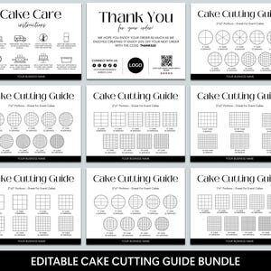 Paquete de guía de corte de tartas editable, juego de corte de tartas, tarjeta de agradecimiento, pequeña empresa, tarjeta de cuidado de tartas, instrucciones de cuidado, plantilla de Canva
