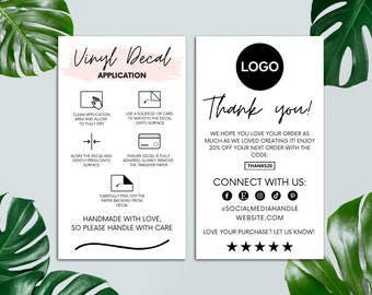 Editable Vinyl Decal Application Card, Printable Thank You Card, Care Instructions, Small Business, Packaging Insert, Canva Template