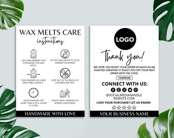 Editable Wax Melt Care Card Template, Printable Wax Melts Instructions Card, Thank You Card, Canva Template, Wax Melts Packaging Insert