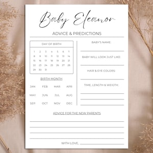 Tarjeta de predicciones editables para baby shower, tarjeta de consejos imprimible, juego moderno para baby shower, minimalista, plantilla de Canva, descarga instantánea