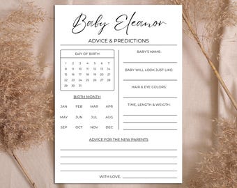 Editable Baby Shower Predictions Card, Printable Advice Card, Modern Baby Shower Game, Minimalist, Canva Template, Instant Download
