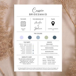 Cartão de informações editável para madrinhas, cartão de informações para madrinhas, infográfico, cartão de pedido de casamento, minimalista, modelo Canva