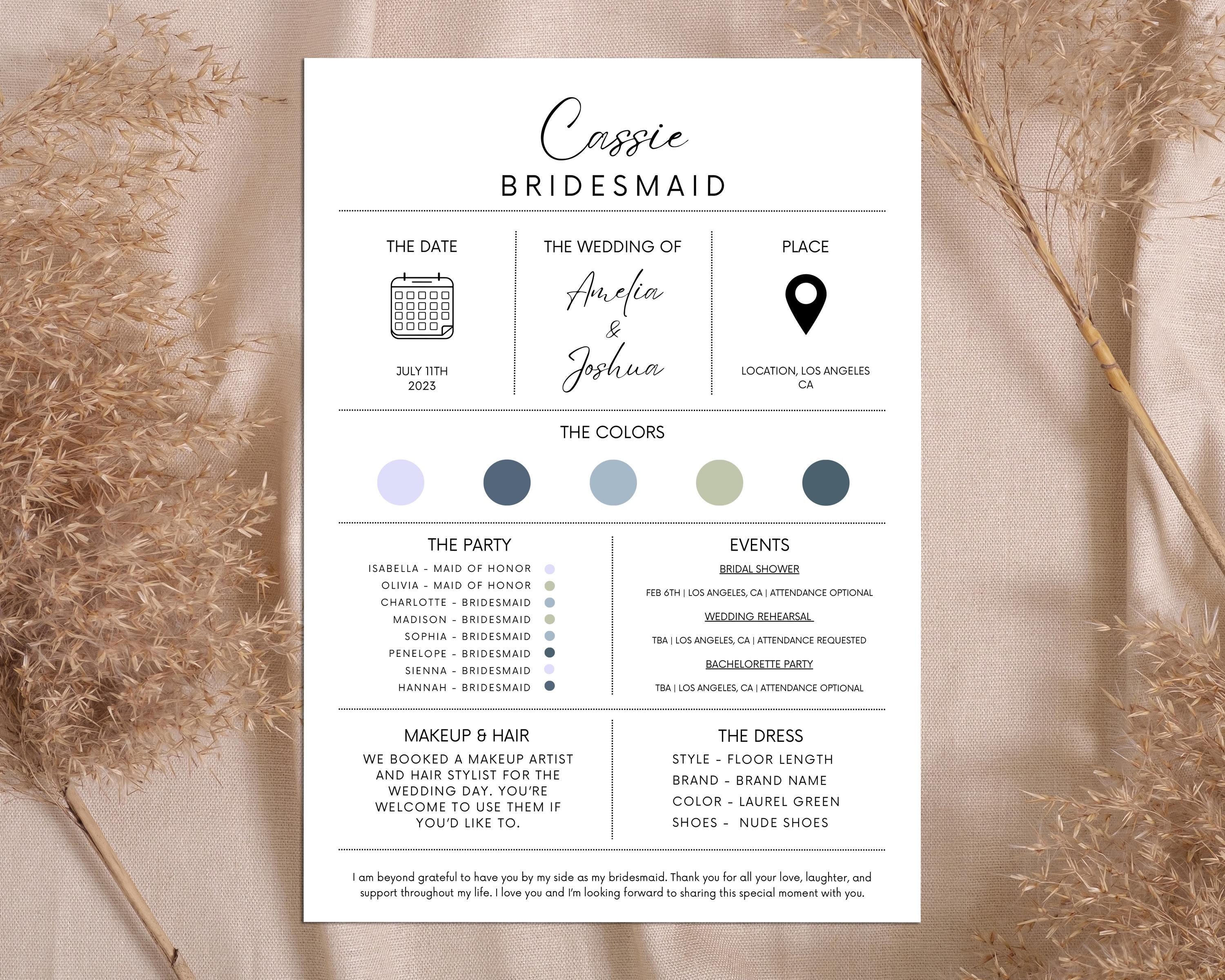 Editable Bridesmaid Information Card, Bridal Party Info Card, Infographic, Bridal Proposal Card, Minimalist, Canva Template