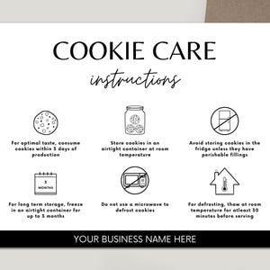 Cartão de cuidados com biscoitos, modelo editável do Canva, guia de cuidados com biscoitos para impressão, instruções de cuidados, negócio de padaria, encarte, download instantâneo