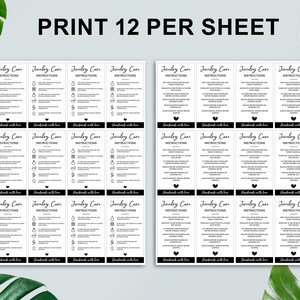 May include: A sheet of 12 printable jewellery care instruction cards. The cards are black and white and feature a simple design with a heart and the text "Handmade with love". The instructions include information on how to care for jewellery, such as avoiding water and chemicals.
