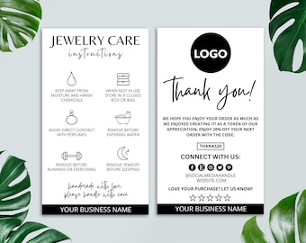 Editable Jewelry Care Card Template, Printable Jewelry Care Instructions Card, Thank You Card, Canva Template, Jewelry Packaging Insert