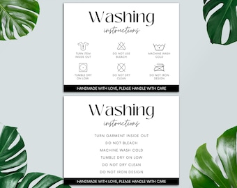 May include: Two black and white printable cards with washing instructions. The top card has icons for turning the item inside out, not using bleach, machine washing cold, tumble drying low, not dry cleaning, and not ironing the design. The bottom card has the same instructions written out in text.