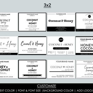 May include: Nine different label designs for soy wax candles. The labels feature black and white text with various fonts and styles. The labels include the text "Coconut", "Honey", "Coconut + Honey", and "Soy Wax Candle".