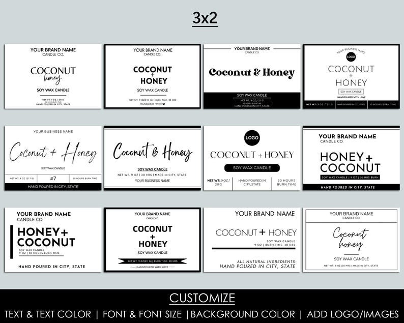 May include: Nine different label designs for soy wax candles. The labels feature black and white text with various fonts and styles. The labels include the text "Coconut", "Honey", "Coconut + Honey", and "Soy Wax Candle".