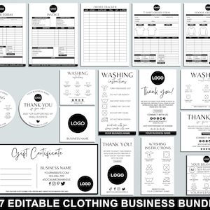 Bearbeitbares Kleidungs-Business-Bundle, Bestellformular, Tshirt, Rechnungsvorlage, druckbare Pflegekarten, Waschanleitung, Verpackungseinsätze