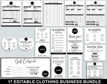 Editable Clothing Business Bundle, Order Form, Tshirt, Invoice Template, Printable Care Cards, Washing Instructions, Packaging Inserts