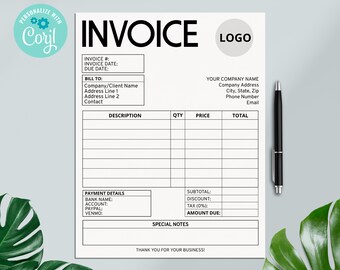 Invoice Template, Editable Invoice, Small Business Supplies, Custom Order Form, Invoice Form