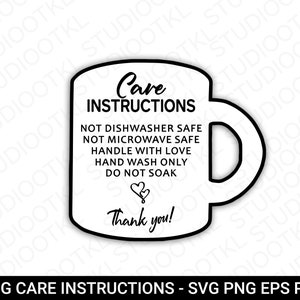 Instrucciones de cuidado de la taza, Tarjeta de cuidado de la taza, SVG, PNG, Suministros para pequeñas empresas, Instrucciones de lavado, Listo para imprimir, Descarga instantánea
