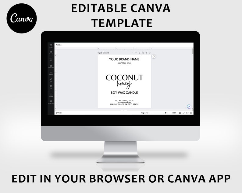 Puede incluir: Una pantalla de ordenador que muestra una plantilla de Canva para una etiqueta de vela de cera de soja. La etiqueta es blanca con texto negro que dice "YOUR BRAND NAME CANDLE CO COCONUT honey SOY WAX CANDLE NET WT. 5 OZ / 210 G HAND POURED IN CITY, STATE".
