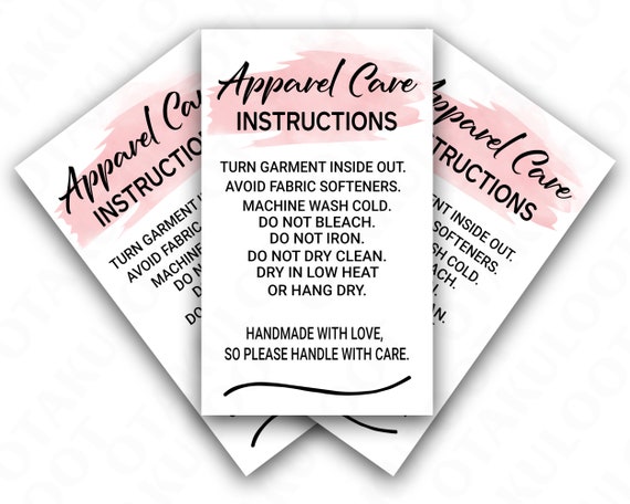 Apparel Care Instructions Card, Small Business Supplies, Washing Instructions, Digital File, Ready To Print, Instant Download