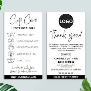 Modelo de cartão editável para cuidados com o copo, cartão de instruções para cuidados com o copo imprimível, instruções de lavagem, inserção de embalagem do copo, modelo Canva
