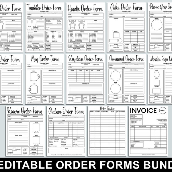 Editable Order Forms Bundle, Tshirt, Tumbler, Invoice Template, Editable Canva Template, Printable Small Business Forms, Custom Order Form