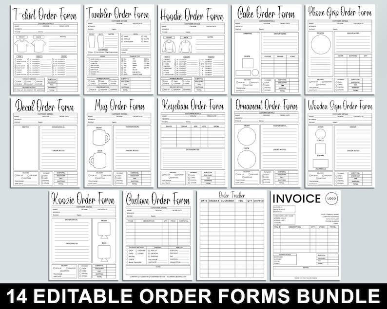 Editable Order Forms Bundle, Tshirt, Tumbler, Invoice Template, Editable Canva Template, Printable Small Business Forms, Custom Order Form