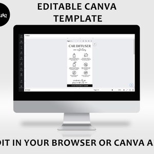 May include: A computer screen displaying a Canva template for a car diffuser product label. The template includes instructions for using the diffuser and a space for the business name. The text on the screen reads "CAR DIFFUSER car instructions".