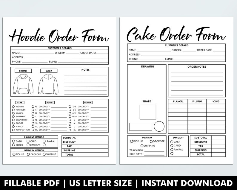 Fillable Order Forms Bundle, Tshirt, Tumbler, Editable Invoice Template, Printable Small Business Forms, Custom Order Form, Craft Order Form