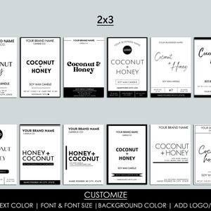 May include: A set of 12 black and white candle label designs featuring the text "Coconut & Honey" in various fonts and styles. The labels are arranged in a 2x3 grid and are customizable with text, font, font size, background color, and logo/images.