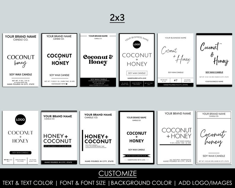 May include: A set of 12 black and white candle label designs featuring the text "Coconut & Honey" in various fonts and styles. The labels are arranged in a 2x3 grid and are customizable with text, font, font size, background color, and logo/images.