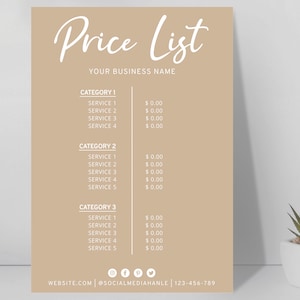 Editable Price List Template, Printable Pricing Sheet, DIY Price Guide ...