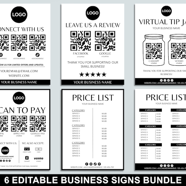 Editable Small Business Sign Bundle, Price List, Printable Scan To Pay, DIY Virtual Tip Jar, Canva Template, QR Code Sign, Social Media Sign