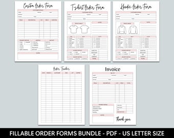 May include: A set of printable order forms for a small business. The forms include a custom order form, a t-shirt order form, a hoodie order form, an order tracker, and an invoice. The forms are designed to be filled out digitally and printed.