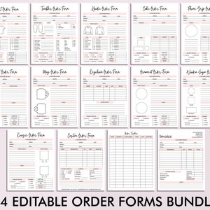 May include: A set of 14 printable order forms for various products, including t-shirts, tumblers, keychains, ornaments, wooden signs, mugs, and more. The forms are designed with a modern aesthetic and include fields for customer details, product information, and pricing.