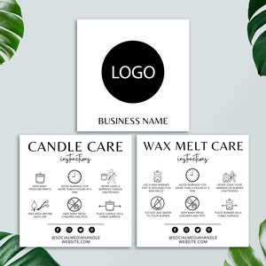 Tarjeta de cuidado de velas editable, tarjeta de instrucciones de cuidado de cera derretida imprimible, guía de cuidado, plantilla de Canva, insertos de empaque para pequeñas empresas