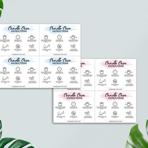 May include: Six printable candle care instruction cards with a blue and pink watercolor background. The cards feature a pot with a candle inside, a clock, a pair of scissors, a flame, a circle with a line through it, and a hand holding a candle. The text on the cards reads "Candle Care Instructions" and "Handmade with Love".