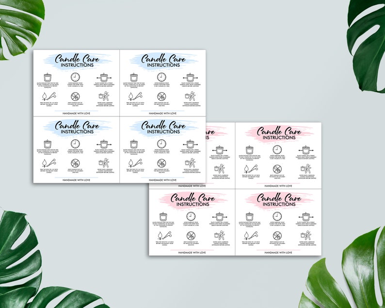 May include: Six printable candle care instruction cards with a blue and pink watercolor background. The cards feature a pot with a candle inside, a clock, a pair of scissors, a flame, a circle with a line through it, and a hand holding a candle. The text on the cards reads "Candle Care Instructions" and "Handmade with Love".