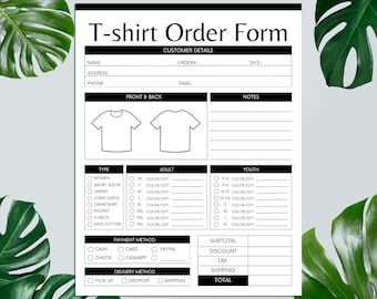 Puede incluir: Un formulario de pedido de camiseta imprimible en blanco y negro con secciones para los datos del cliente, el diseño de la parte delantera y trasera, las notas, el tipo, la talla, el color, la cantidad, el método de pago, el método de entrega, el subtotal, el descuento, el impuesto, el envío y el total.