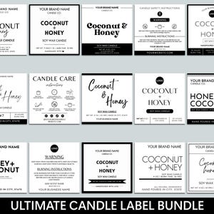 Puede incluir: Un conjunto de 10 diseños de etiquetas de vela imprimibles en blanco y negro. Las etiquetas presentan una variedad de diseños, incluyendo un tema de coco y miel, una guía de cuidado de velas y una etiqueta de advertencia. Las etiquetas son perfectas para pequeñas empresas y artesanos que desean crear etiquetas de aspecto profesional para sus velas.