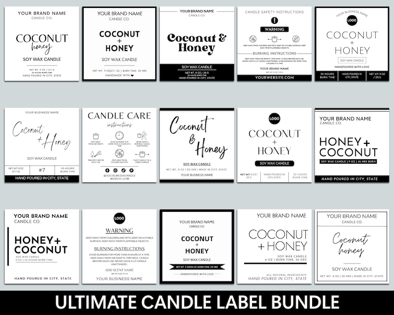May include: A set of 10 printable candle label designs in black and white. The labels feature a variety of designs, including a coconut and honey theme, a candle care guide, and a warning label. The labels are perfect for small businesses and crafters who want to create professional-looking labels for their candles.