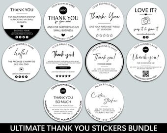 Bearbeitbares Dankesaufkleber-Bundle, druckbare Dankeskarten, Kleinunternehmen, Verpackungsaufkleber, DIY-Dankeschön-Etikett, Canva-Vorlage