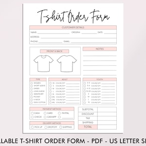 Fillable T-Shirt Order Form, Printable Shirt Order Form, Editable Small Business Form, PDF, Digital File, Instant Download