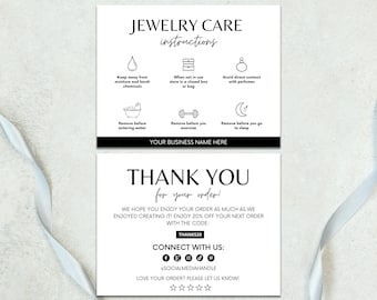 Jewelry Care Card, Editable Canva Template, Printable Thank You Card, Care Instructions Guide, Small Business, Packaging Insert