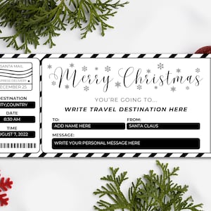 Bewerkbare kerstinstapkaartsjabloon, aanpasbare vliegtuigtickets, vliegtuigticket cadeaukaart, direct downloaden, Canva-sjabloon