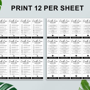 May include: Twelve black and white candle care instruction cards with the text "Candle Care Instructions" and "Handmade with love" printed on each card. The cards are arranged in four rows of three cards each. The text "Print 12 per sheet" is printed at the top of the image.