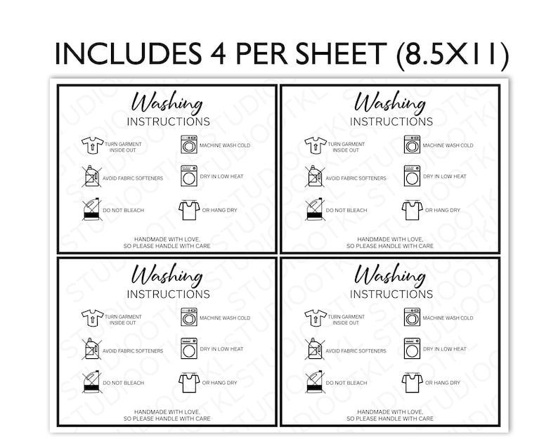 Clothing Washing Instructions, Shirt Care Card, Apparel Care Instructions Card, Small Business Supplies, Ready To Print, Instant Download