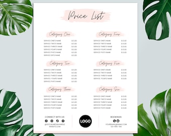 May include: A pink and white price list with six categories of services. Each category lists five services with a price of $0.00. The bottom of the page includes contact information and a logo.