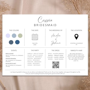 Cartão de informações editável para madrinhas, cartão de informações para festa de casamento para impressão, cartão de proposta para madrinhas, moderno, minimalista, modelo Canva